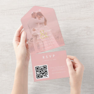 Pink Faded Photo Gold Ampersand & QR Code Wedding All In One Invitation