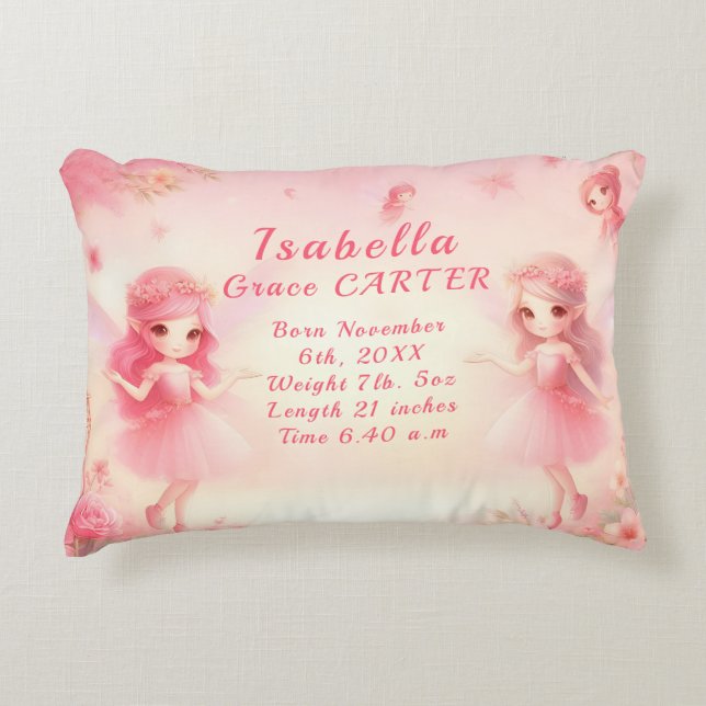Pink Fairies Bloomy Garden Baby Birth Stats Decorative Cushion (Front)