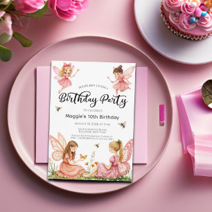 Pink Fairies Woodland 10th Birthday Party Invitation