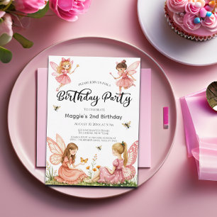 Pink Fairies Woodland 2nd Birthday Party Invitation