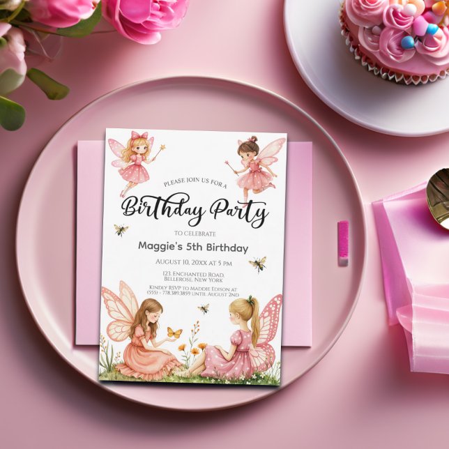 Pink Fairies Woodland 5th Birthday Party Invitation (Creator Uploaded)