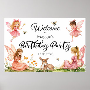 Pink Fairies Woodland Deer Birhday Party Welcome Poster