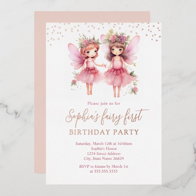 Pink Fairy 1st Birthday Party Invitation  (Front/Back)