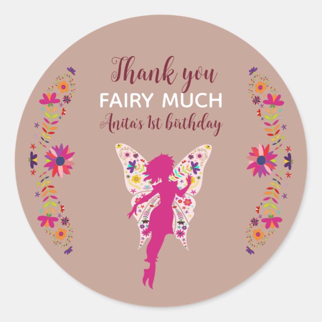 Pink Fairy 1st Birthday Thank You Classic Round St Sticker (Front)
