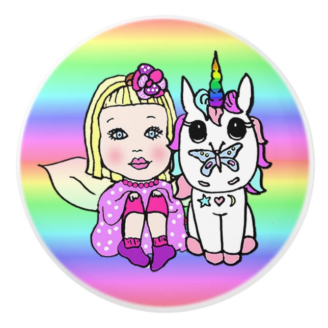 Pink Fairy and Unicorns with Star Dust Wand Ceramic Knob (Front)