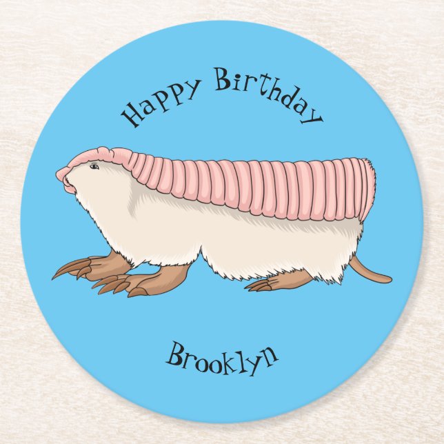 Pink fairy armadillo cartoon illustration round paper coaster (Front)