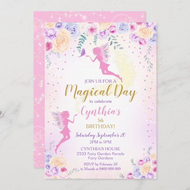 Pink Fairy Birthday Invitation Fairy Garden (Front/Back)