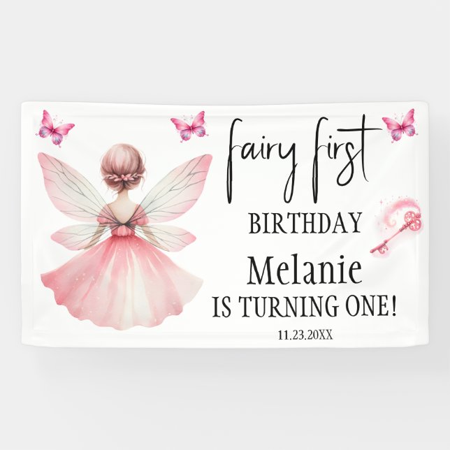 Pink Fairy Butterflies Magic Wand First Birthday  Banner (Horizontal)