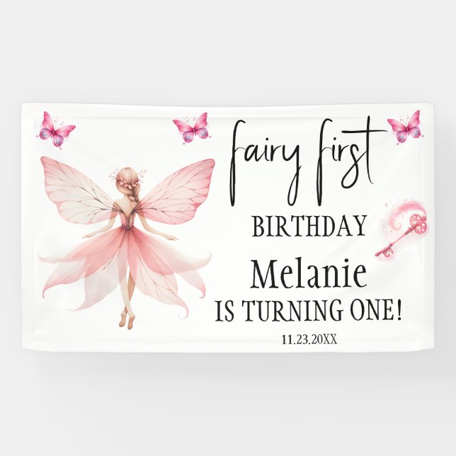 Pink Fairy Butterflies Magic Wand First Birthday  Banner (Horizontal)