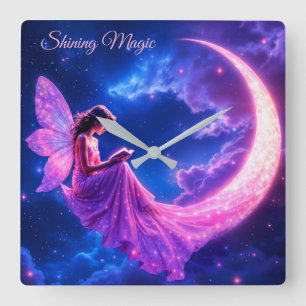 Pink fairy crescent moon glow cute magic square wall clock