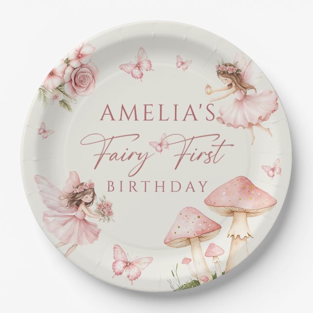 Pink Fairy First Birthday Party Paper Plates (Front)