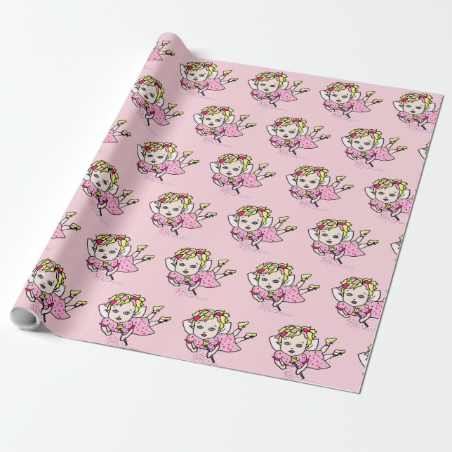 Pink Fairy Flying Gift Wrap (Unrolled)
