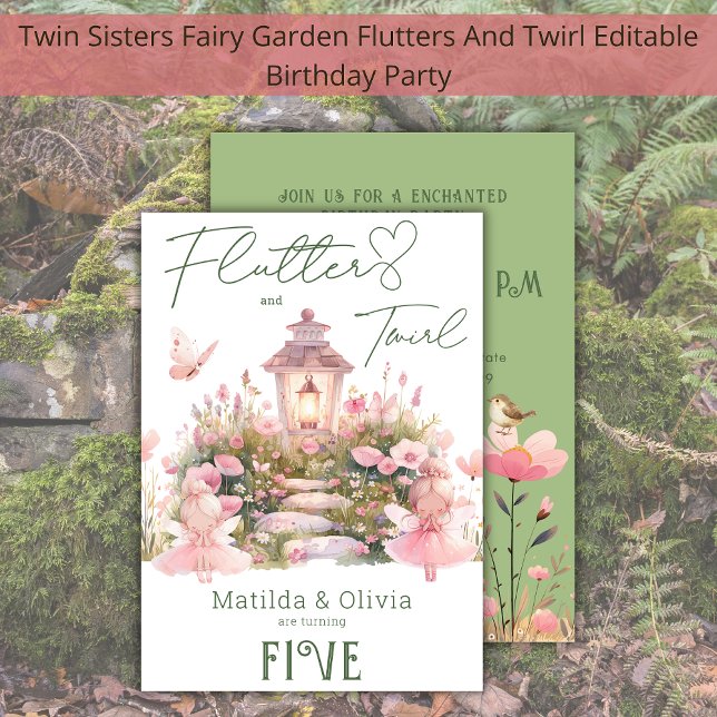 Pink Fairy Garden Twins Sisters Birthday Party  Invitation (Creator Uploaded)