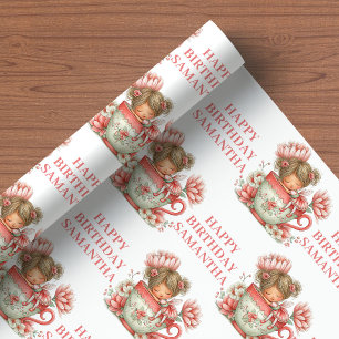 Pink Fairy Girl Whimsical Floral Birthday Wrapping Paper
