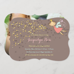 Pink Fairy Princess And Stars Photo Girl Birthday Invitation