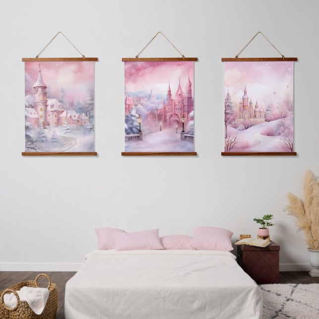 Pink Fairytale Castles Winter Wonderland Hanging Tapestry (Bedroom)