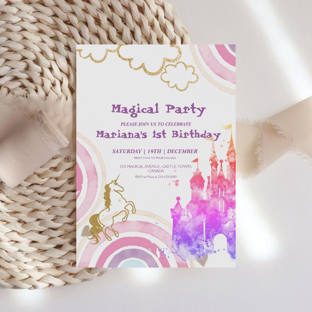 Pink Fairytale Rainbow and Unicorn Birthday Party Invitation (Creator Uploaded)