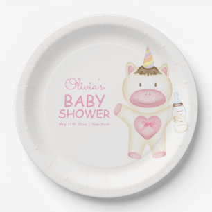 Pink Fairytale Unicorn Bottle Baby Shower Paper Plate