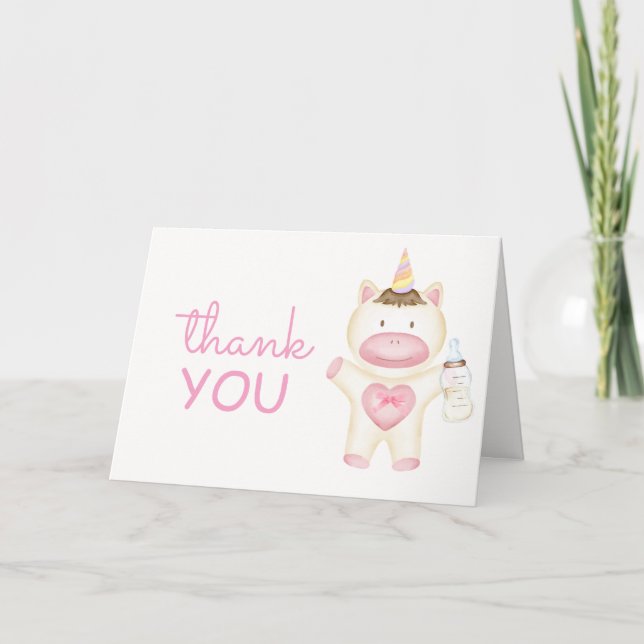 Pink Fairytale Unicorn Bottle Baby Shower  Thank You Card (Front)