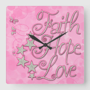 Pink Faith Hope Love Stars Butterflies Clock