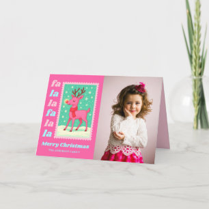 Pink FaLaLa Reindeer Christmas Postage Stamp Photo Holiday Card