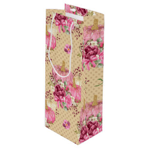 PINK FALL AUTUMN PUMPKINS & WATERCOLOR FLOWERS WINE GIFT BAG