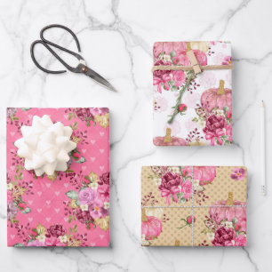 PINK FALL AUTUMN PUMPKINS & WATERCOLOR FLOWERS WRAPPING PAPER SHEET