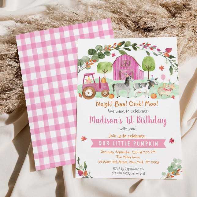 Pink Fall Farm Pumpkin Birthday Invitation (Creator Uploaded)