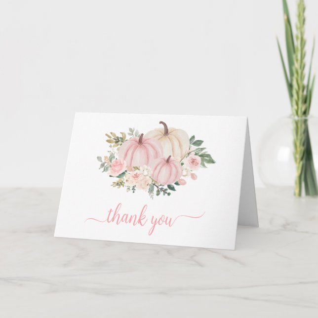 Pink Fall Floral Pumpkin Thank You Card (Front)