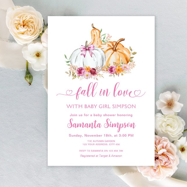 Pink Fall in love Girl Pumpkins Baby Shower Invitation (Creator Uploaded)