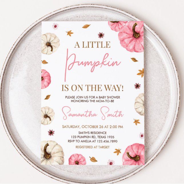 Pink Fall Little Pumpkin Baby Shower Invitation (Girl Fall Pumpkin Baby Shower Invitation)