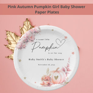 Pink Fall Pumpkin Flowers Leafs Girl Baby Shower Paper Plate