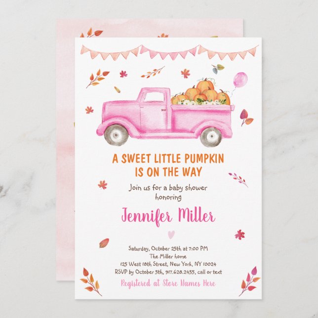 Pink Fall Pumpkin Truck Baby Shower Invitation (Front/Back)