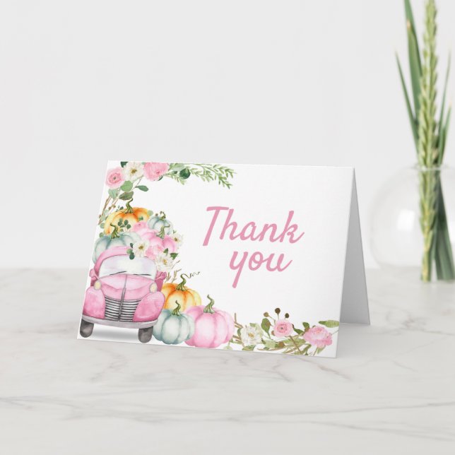Pink Fall Pumpkin Truck Baby Shower  Thank You Card (Front)