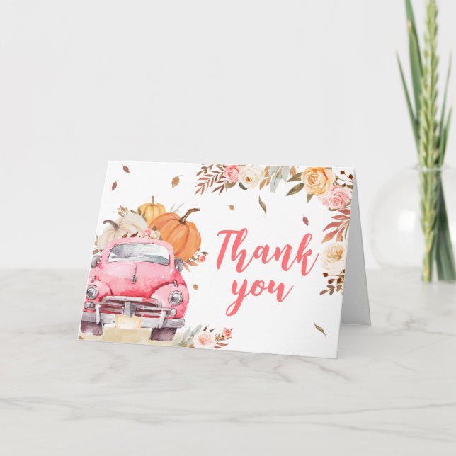 Pink Fall Pumpkin Truck Baby Shower Thank You Card (Front)