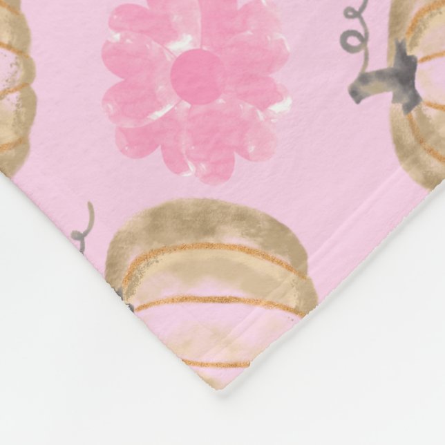 Pink Fall Pumpkins and Flowers Fleece Blanket (Corner)