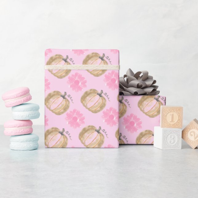 Pink Fall Pumpkins and Flowers Wrapping Paper (Baby Shower)