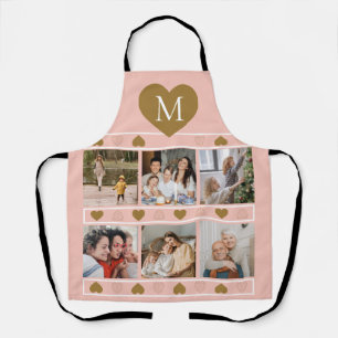 Pink Family Photo Collage with Gold Heart Monogram Apron