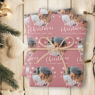 Pink Family Photo Snowflake Merry Christmas  Wrapping Paper Sheet