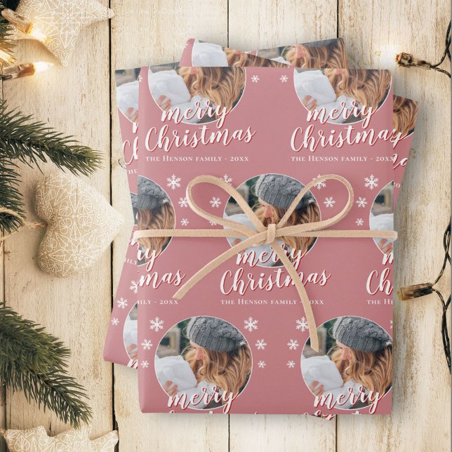 Pink Family Photo Snowflake Merry Christmas  Wrapping Paper Sheet (Creator Uploaded)