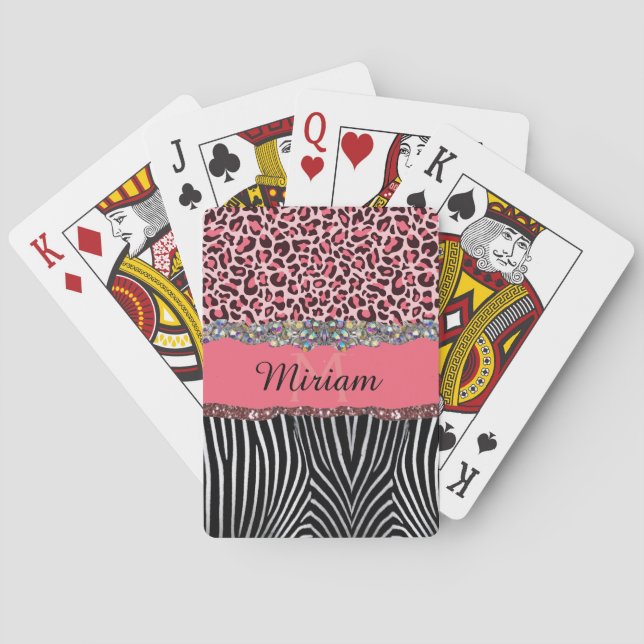 Pink Fancy Glitter Girly Leopard Print Playing Cards (Back)