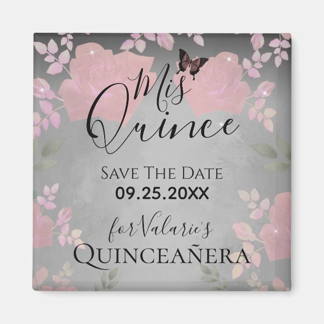 Pink Fancy Roses Quinceanera Pink Save the Date Ma Magnet (Front)