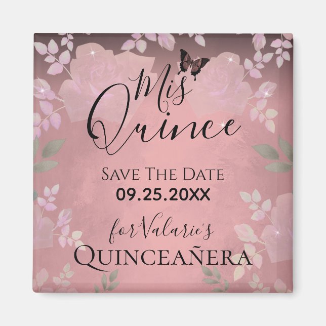 Pink Fancy Roses Quinceanera Pink Save the Date Magnet (Front)