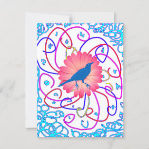 Pink fantastic flower and bird postcard