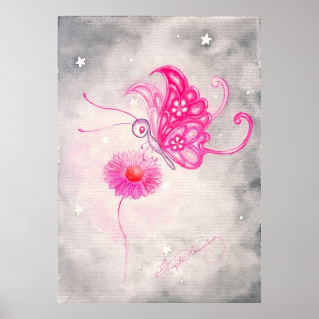 Pink Fantasy Butterfly On Daisy Poster (Front)