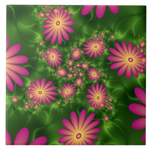 Pink Fantasy Flowers Modern Abstract Fractal Art Ceramic Tile (Front)