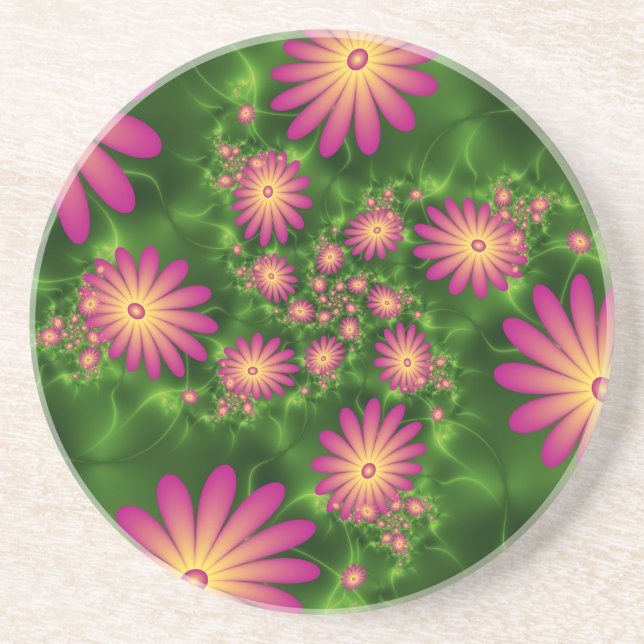 Pink Fantasy Flowers Modern Abstract Fractal Art Coaster (Front)