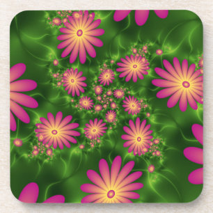 Pink Fantasy Flowers Modern Abstract Fractal Art Coaster