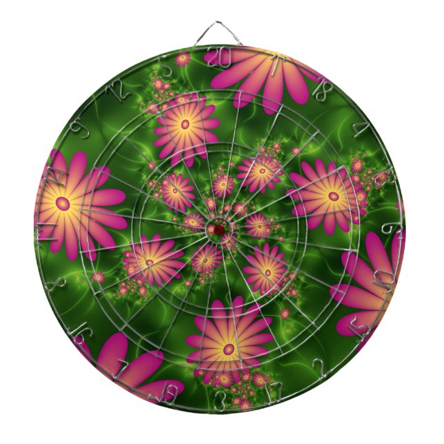 Pink Fantasy Flowers Modern Abstract Fractal Art Dartboard (Front)
