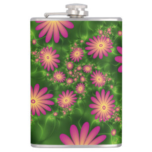 Pink Fantasy Flowers Modern Abstract Fractal Art Hip Flask